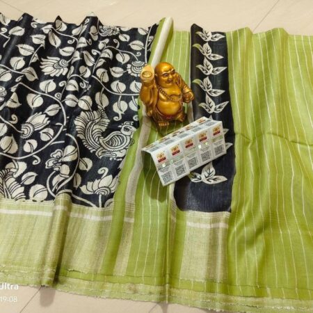 Handwoven Block Printed Pure Ghicha Tussar Silk Saree