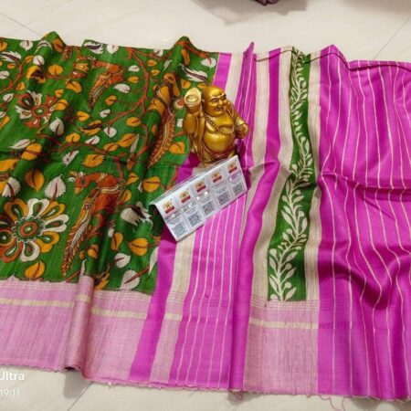Handwoven Block Printed Pure Ghicha Tussar Silk Saree