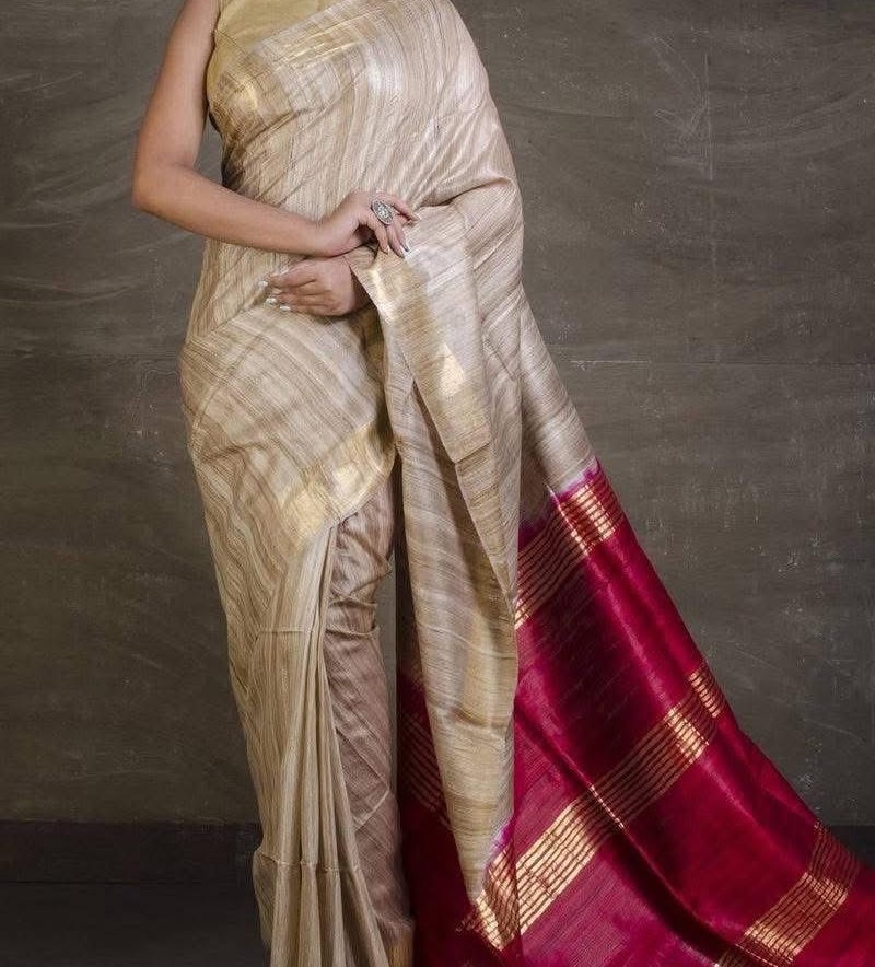 Pure Silk Tussar Ghicha Saree with Woven Zari Border - Image 2