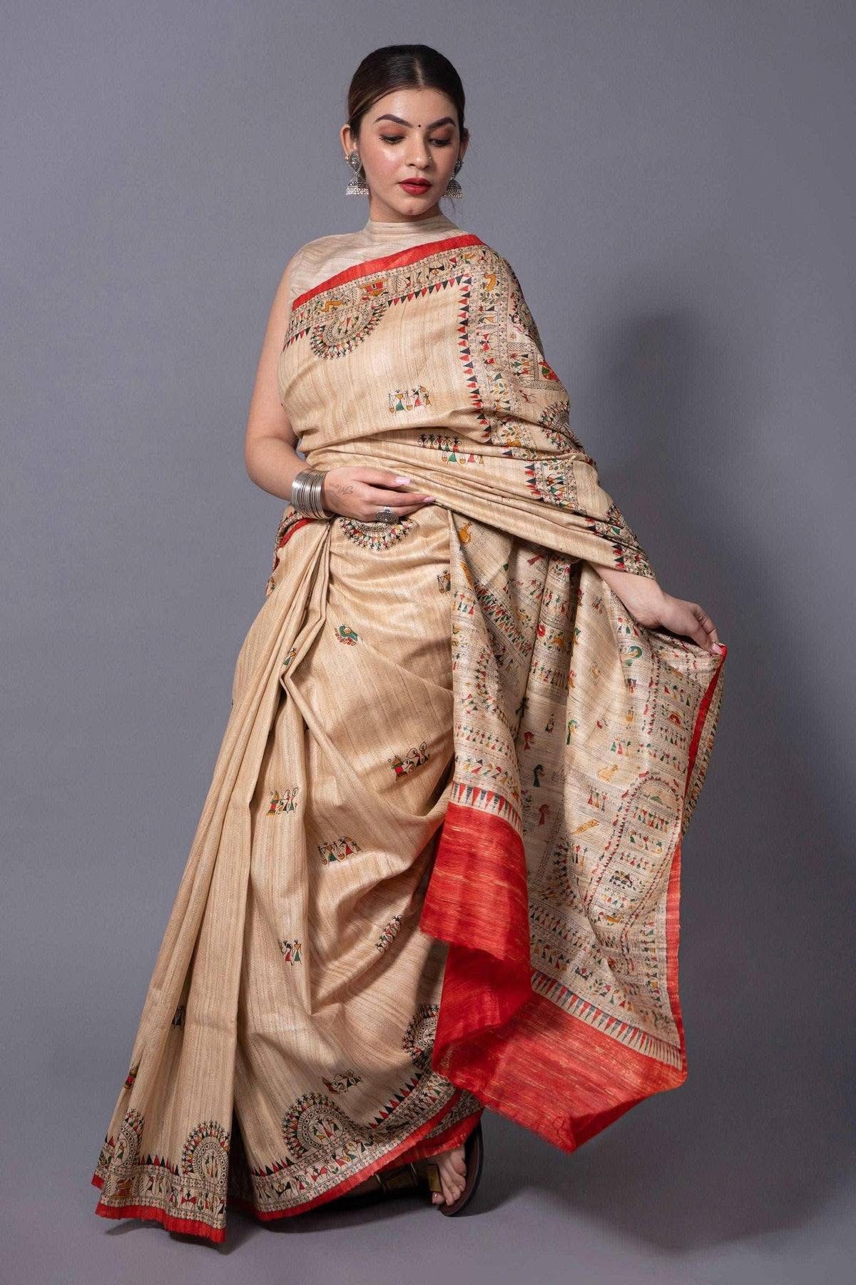 Pure Silk Tussar Ghicha Screen Printed Saree - Image 2