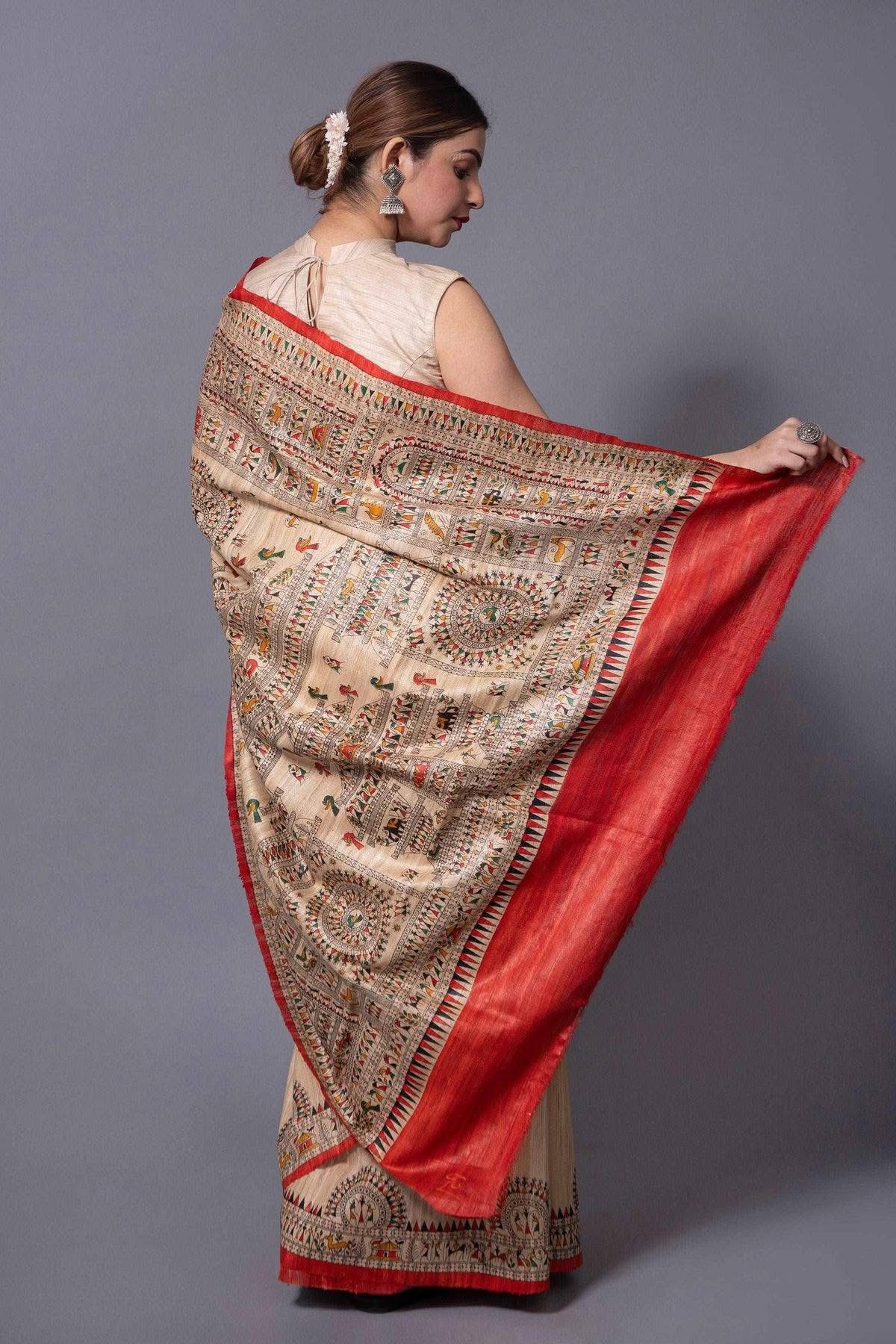 Pure Silk Tussar Ghicha Screen Printed Saree - Image 3
