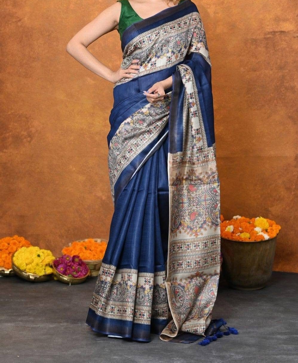 Pure Silk Tussar Ghicha Screen Printed Saree - Image 3