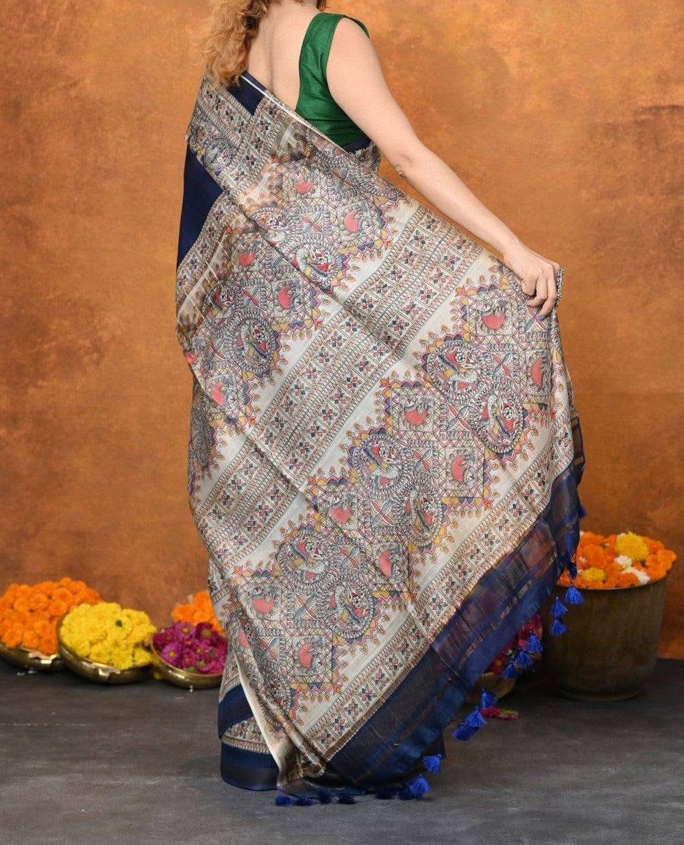 Pure Silk Tussar Ghicha Screen Printed Saree - Image 2