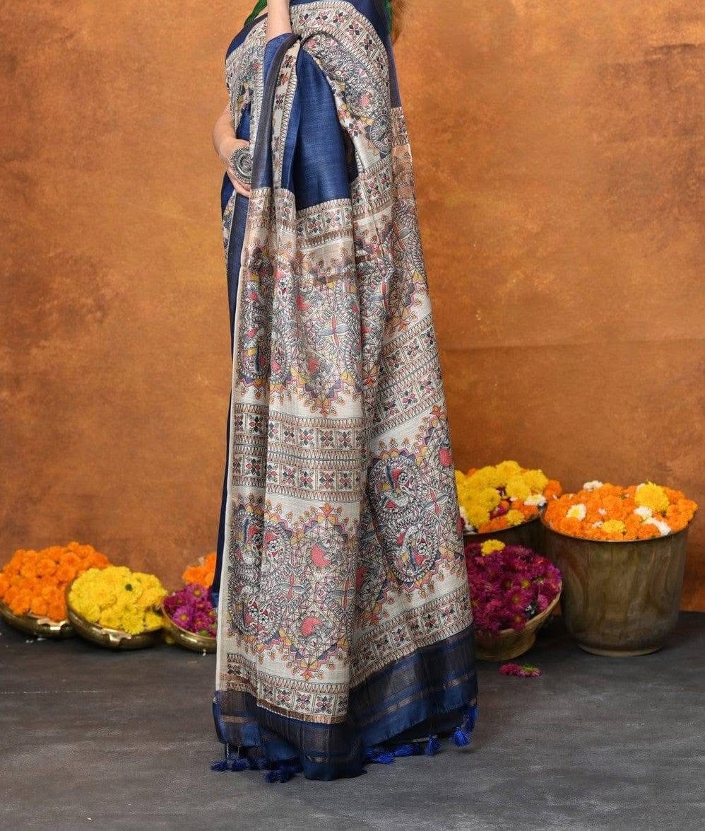 Pure Silk Tussar Ghicha Screen Printed Saree - Image 4