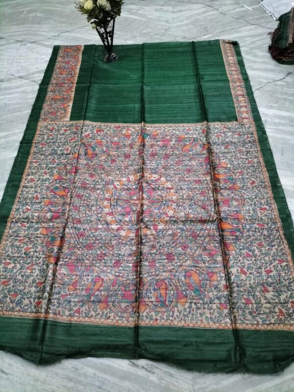 Hand Painting Tussar Ghicha Silk Saree - Image 3