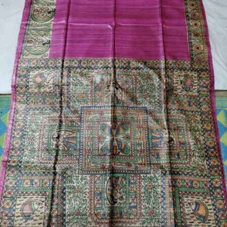 Madhubani Hand Painted Ghicha Tussar Silk Saree