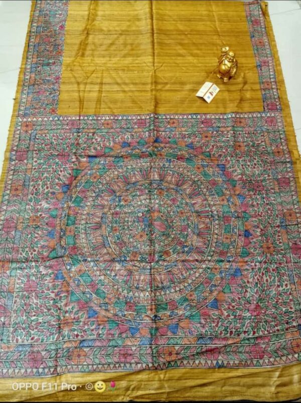 Hand Painting Tussar Ghicha Silk Saree - Image 2
