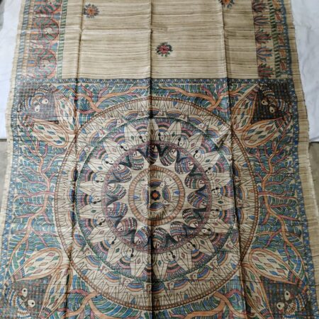 Madhubani Hand Painted Ghicha Tussar Silk Saree