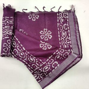 Pure Cotton Hand Block Batik Print Saree With Blouse Pcs-Wine