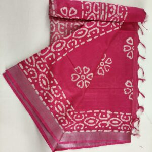 Pure Cotton Hand Block Batik Print Saree With Blouse Pcs-Hot Pink