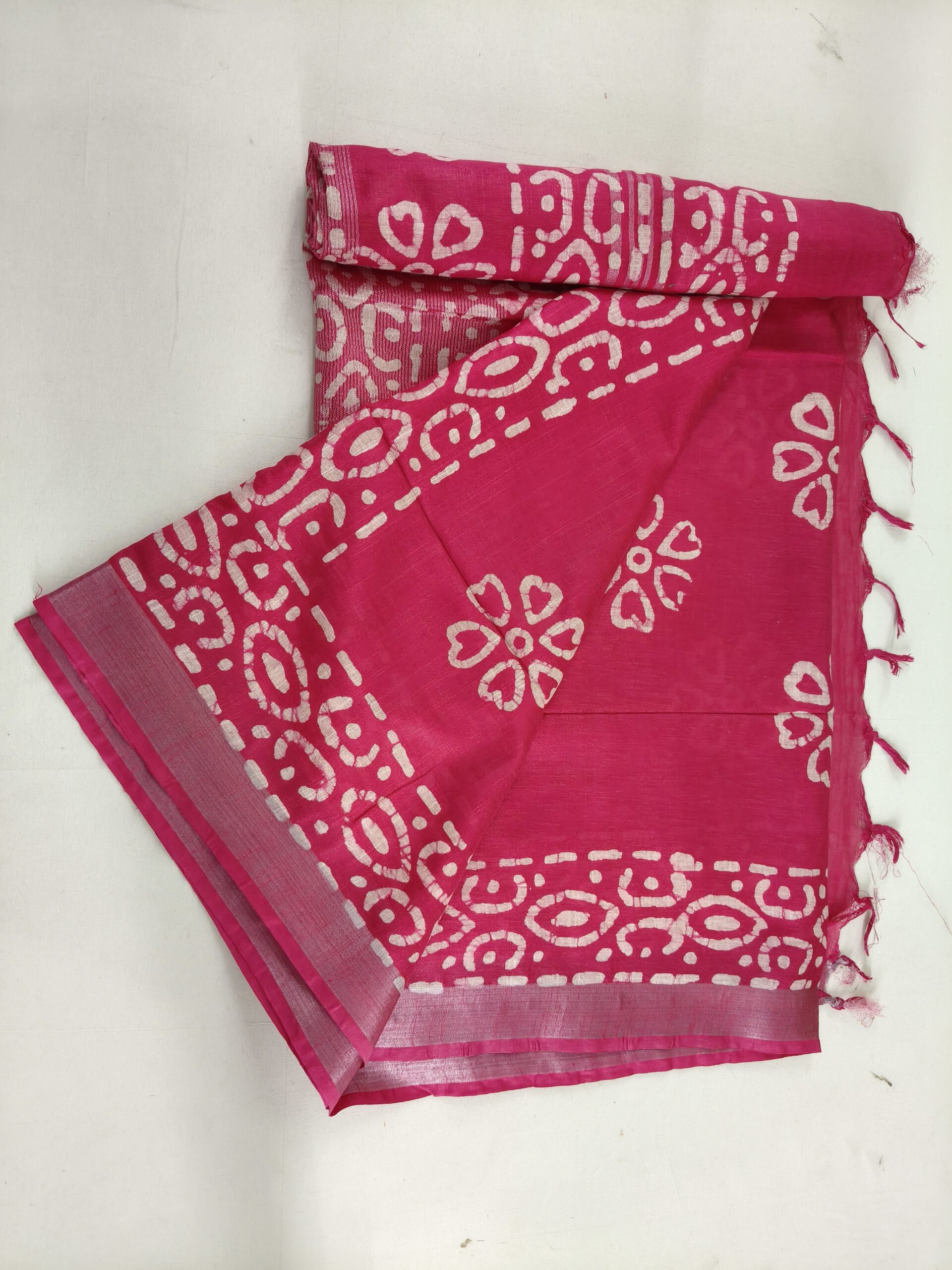 Pure Cotton Hand Block Batik Print Saree With Blouse Pcs-Hot Pink - Image 2