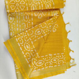 Pure Cotton Hand Block Batik Print Saree With Blouse Pcs-Yellow