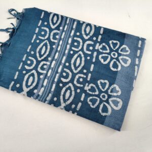 Pure Cotton Hand Block Batik Print Saree With Blouse Pcs-Blue