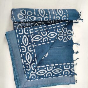 Pure Cotton Hand Block Batik Print Saree With Blouse Pcs-Blue
