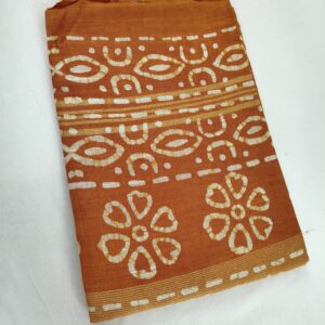 Pure Cotton Hand Block Batik Print Saree With Blouse Pcs-Brown