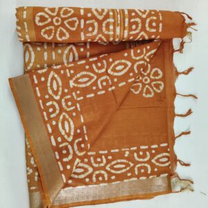 Pure Cotton Hand Block Batik Print Saree With Blouse Pcs-Brown