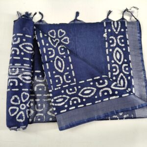 Pure Cotton Hand Block Batik Print Saree With Blouse Pcs-Navy Blue