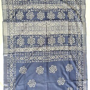 Pure Cotton Hand Block Batik Print Saree With Blouse Pcs-Navy Blue