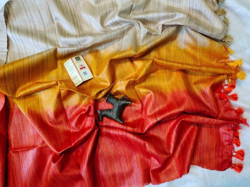 Triple Dye Pure Tussar Ghicha Silk Saree