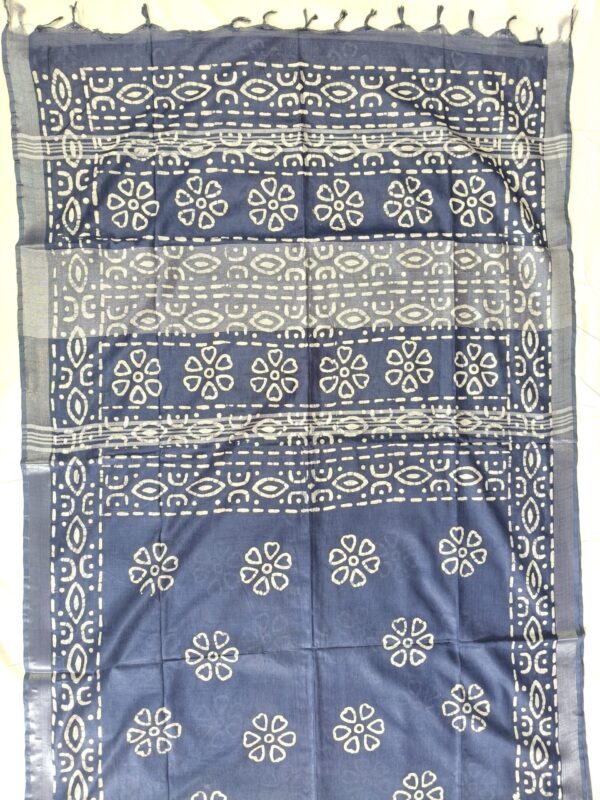 Pure Cotton Hand Block Batik Print Saree With Blouse Pcs-Navy Blue