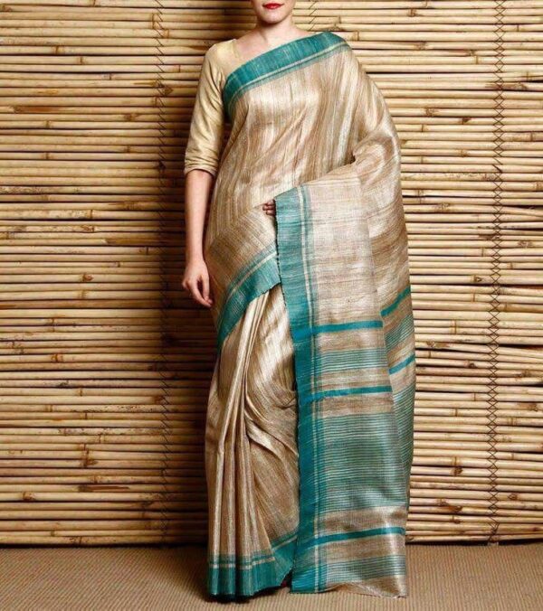 Pure Silk Tussar Ghicha Saree with Woven Zari Border