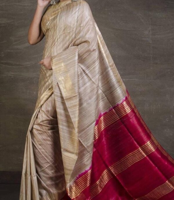 Pure Silk Tussar Ghicha Saree with Woven Zari Border