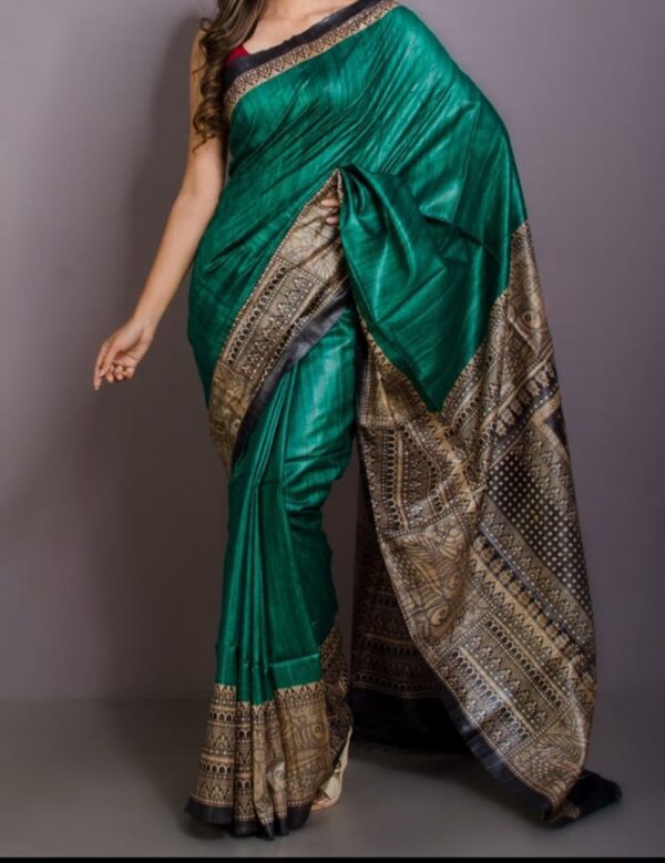 Handloom Tussar Ghicha Silk Saree with Artisan Screen-Printed Pallu & Border–Elegant Lightweight Ethnic Sari