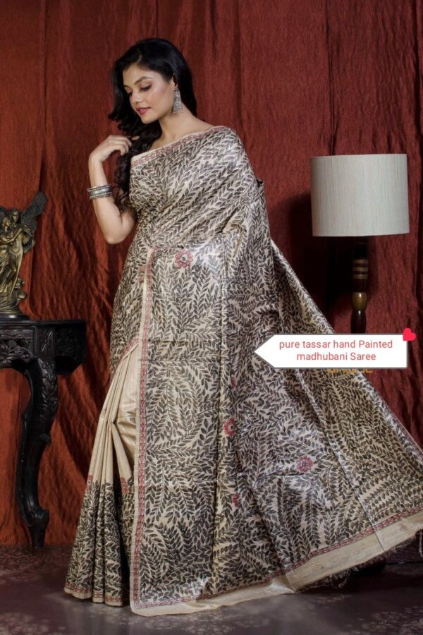Authentic Handloom Ghicha Tussar Silk Saree with All-Over Madhubani Handpainted