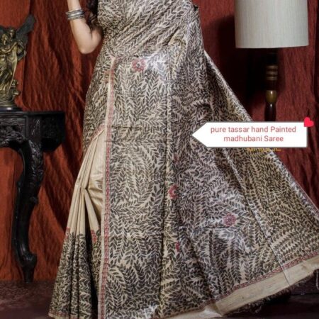 Authentic Handloom Ghicha Tussar Silk Saree with All-Over Madhubani Handpainted