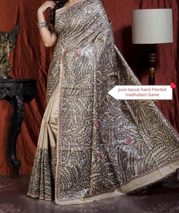 Authentic Handloom Ghicha Tussar Silk Saree with All-Over Madhubani Handpainted