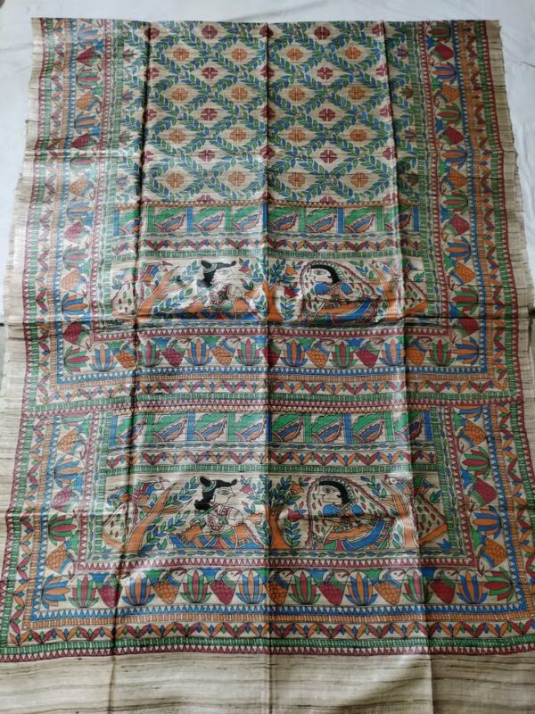 Original Handloom Tussar Ghicha Silk Saree with Traditional Madhubani Handpainted on Half Body