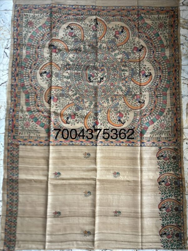 Original Handloom Tussar Ghicha Silk Saree with Traditional Madhubani Handpainted Anchal & Border