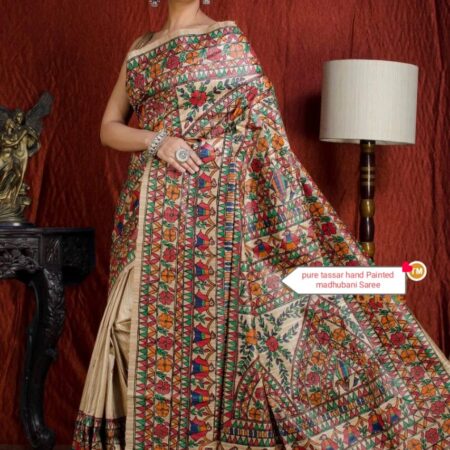 Authentic Handloom Ghicha Tussar Silk Saree with All-Over Madhubani Handpainted