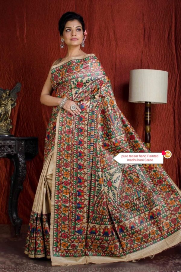 Authentic Handloom Ghicha Tussar Silk Saree with All-Over Madhubani Handpainted