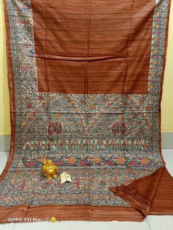 Original Handloom Tussar Ghicha Silk Saree with Traditional Madhubani Handpainted Anchal & Border