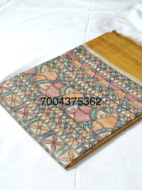 Original Handloom Tussar Ghicha Silk Saree with Traditional Madhubani Handpainted Anchal & Border