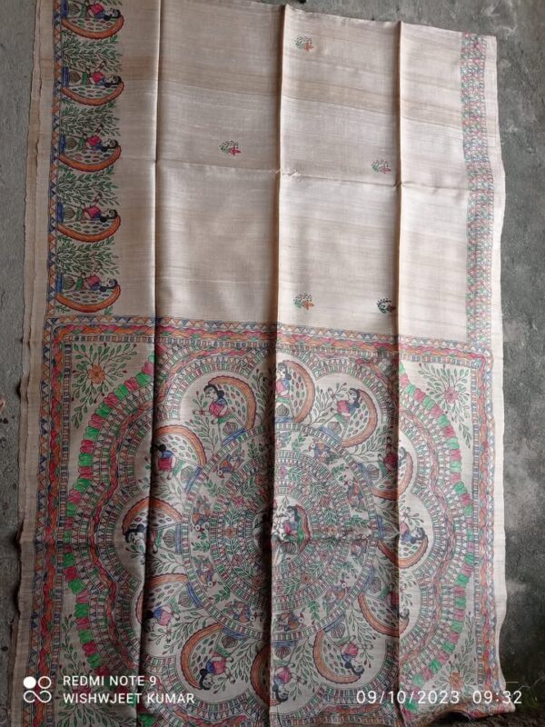 Pure Handloom Desi Tussar Silk Madhubani Hand Painted Saree