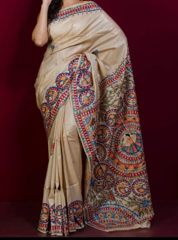 Pure Handloom Desi Tussar Silk Madhubani Hand Painted Saree
