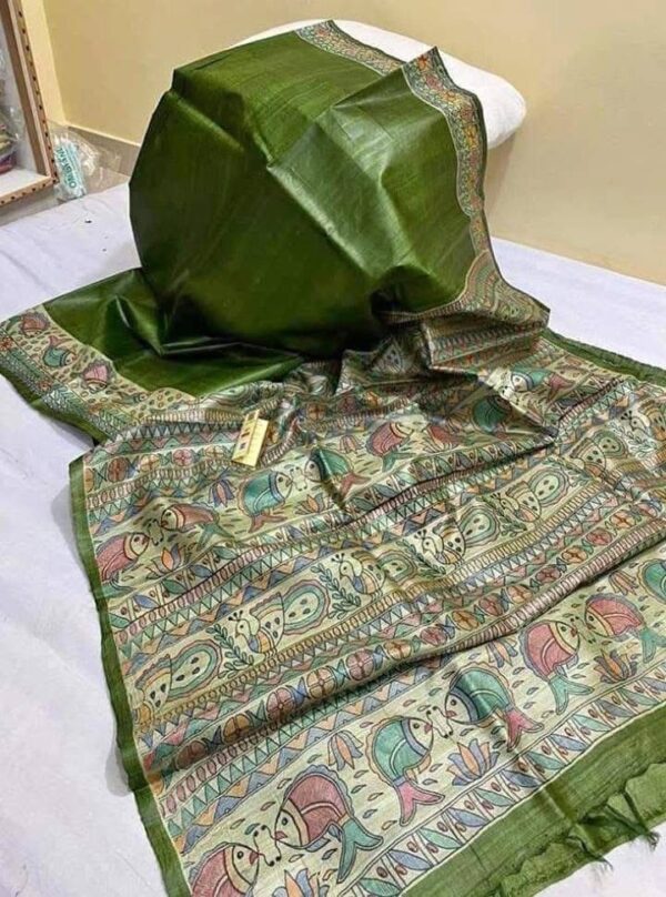Pure Handloom Desi Tussar Silk Madhubani Hand Painted Saree