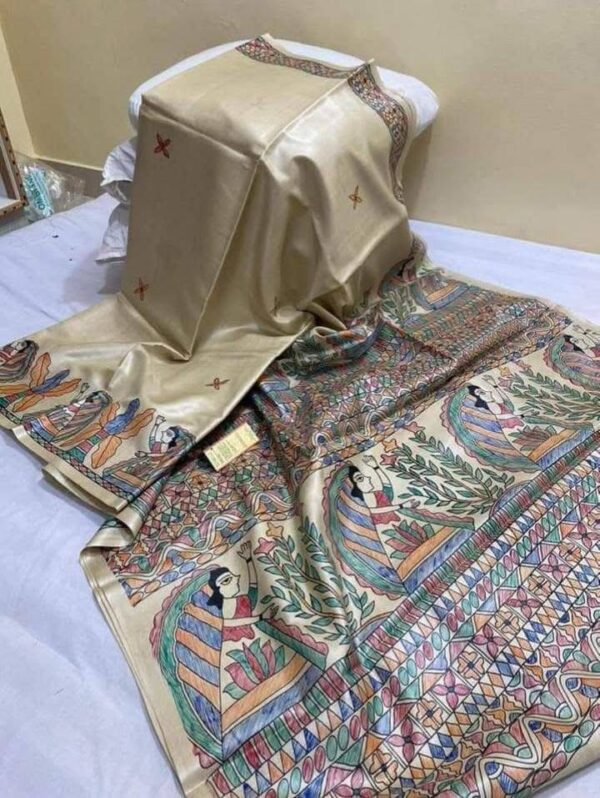 Pure Handloom Desi Tussar Silk Madhubani Hand Painted Saree