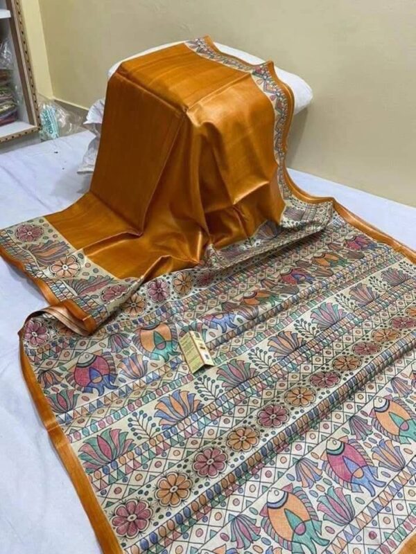 Pure Handloom Desi Tussar Silk Madhubani Hand Painted Saree