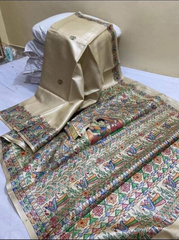 Pure Handloom Desi Tussar Silk Madhubani Hand Painted Saree