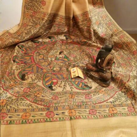 Pure Handloom Desi Tussar Silk Madhubani Hand Painted Saree