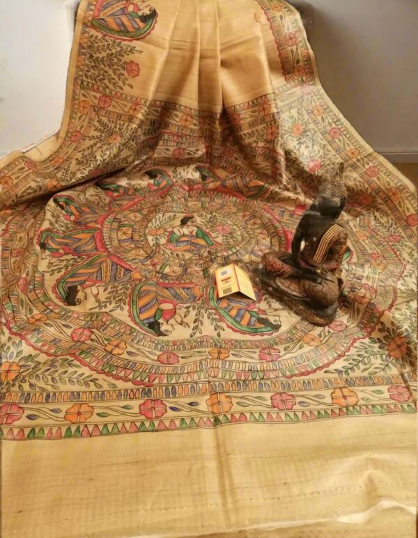 Pure Handloom Desi Tussar Silk Madhubani Hand Painted Saree