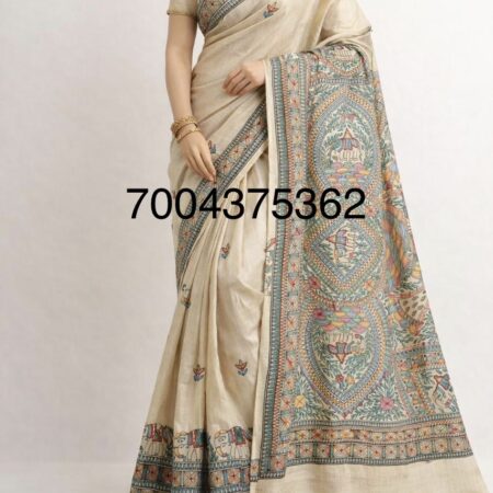 Pure Handloom Desi Tussar Silk Madhubani Hand Painted Saree