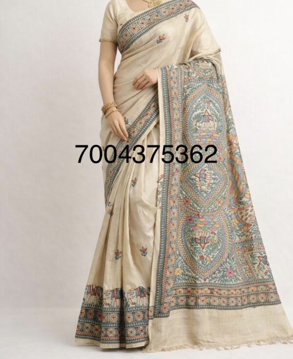 Pure Handloom Desi Tussar Silk Madhubani Hand Painted Saree