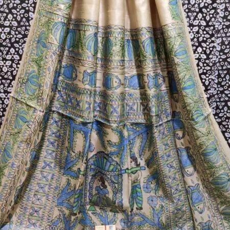 Pure Handloom Desi Tussar Silk Madhubani Hand Painted Saree