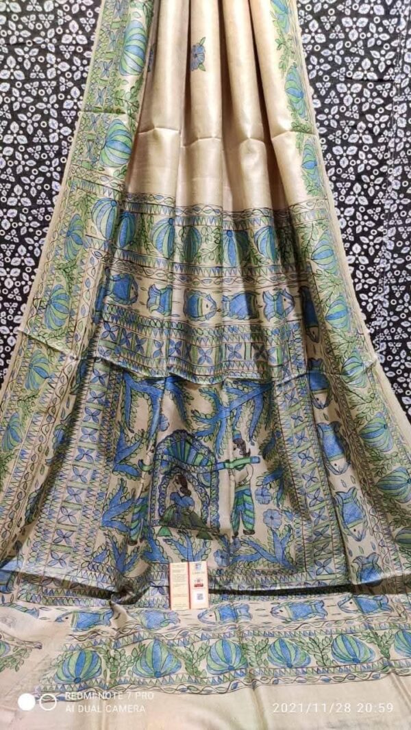 Pure Handloom Desi Tussar Silk Madhubani Hand Painted Saree