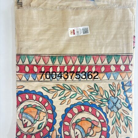 Premium Handloom Pure Desi Tussar Silk Saree | Hand-Painted Madhubani Anchal & Border
