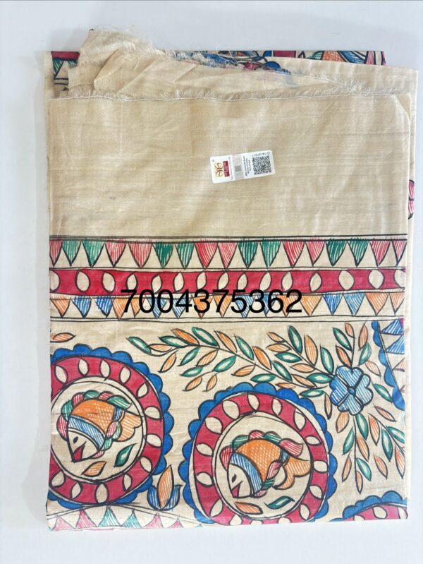 Premium Handloom Pure Desi Tussar Silk Saree | Hand-Painted Madhubani Anchal & Border